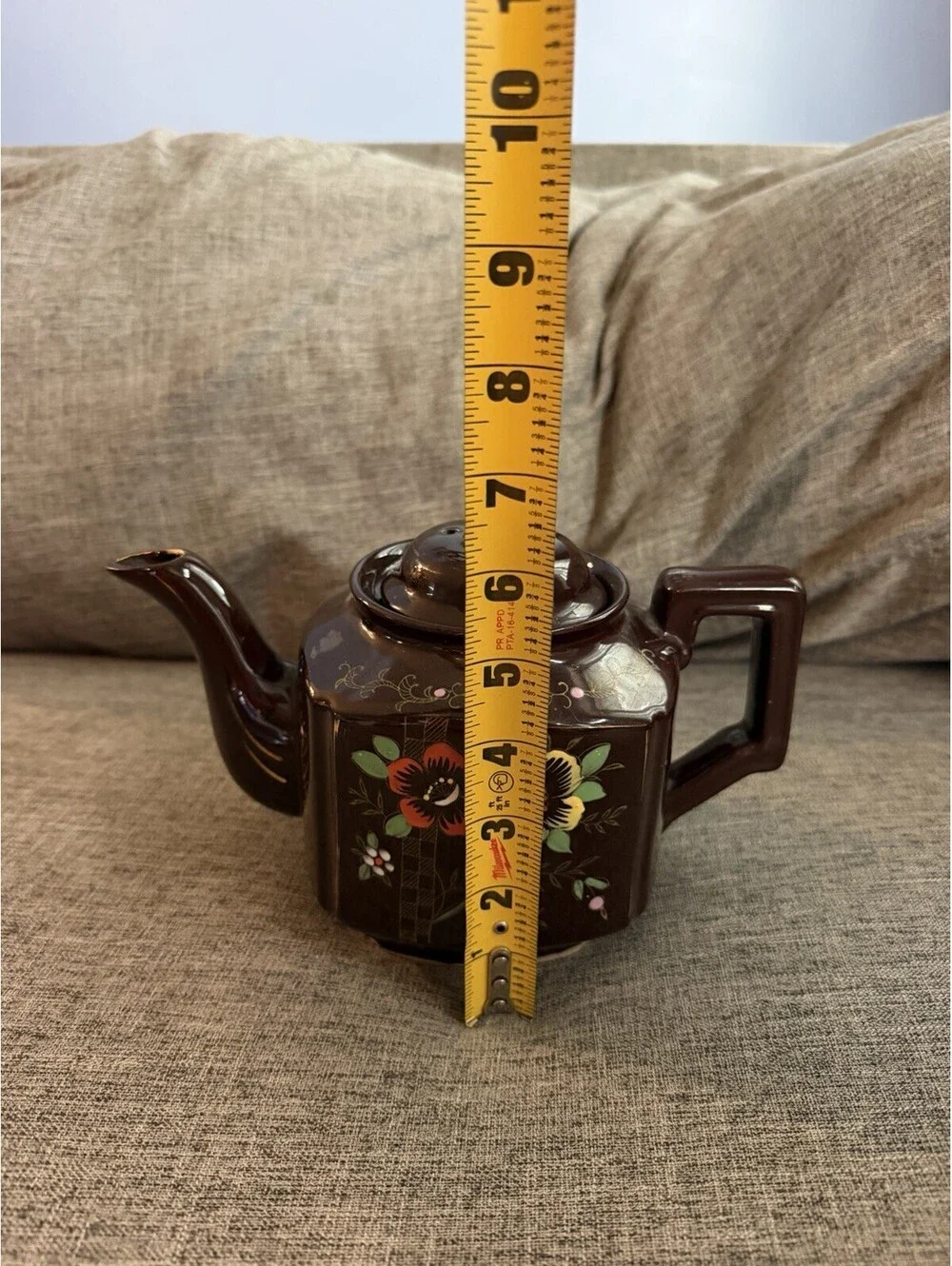 Vintage Made in Japan Brown Glazed Teapot Hand Painted Enamel Floral